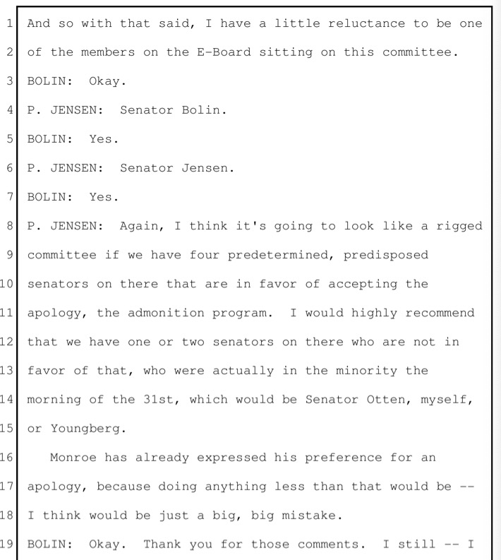 Excerpt, Senate Republican Caucus Transcript, April 2020, p.  33. Jensen's comments are in normal-width type, like those of other speakers.
