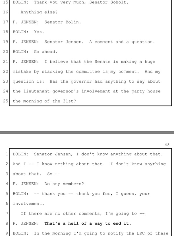 Excerpt, Senate Republican caucus transcript, April 2020, pp. 47–48. Jensen's comments to Bolin are in normal font; Jensen's interjection at the end is in bold font.