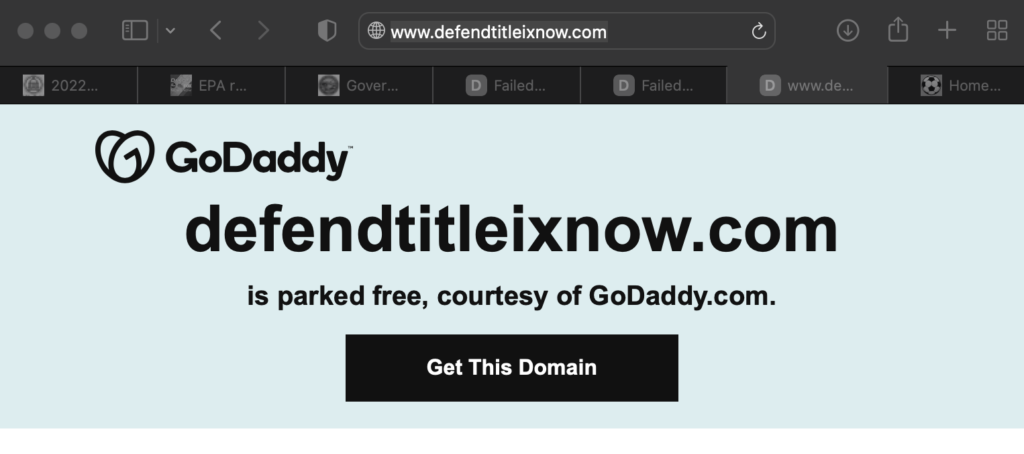 Defendtitleixnow.com, screen of domain-parked message from GoDaddy.com, 2022.06.06.