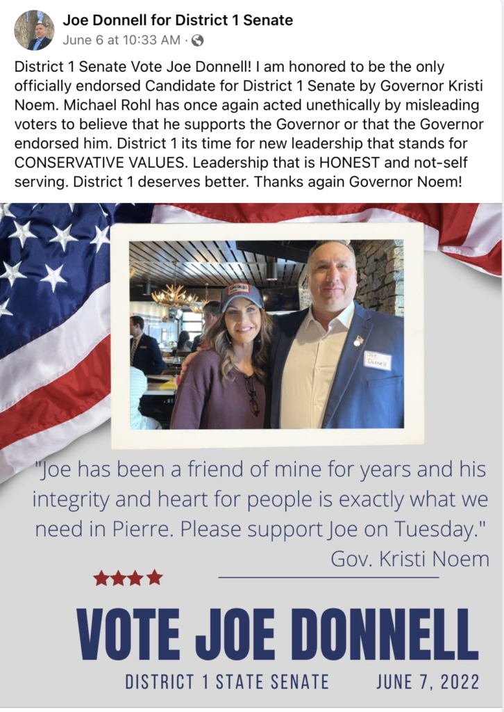 Joe Donnell, endorsement from Kristi Noem, posted to Joe Donnell for District 1 Senate FB, 2022.06.06.