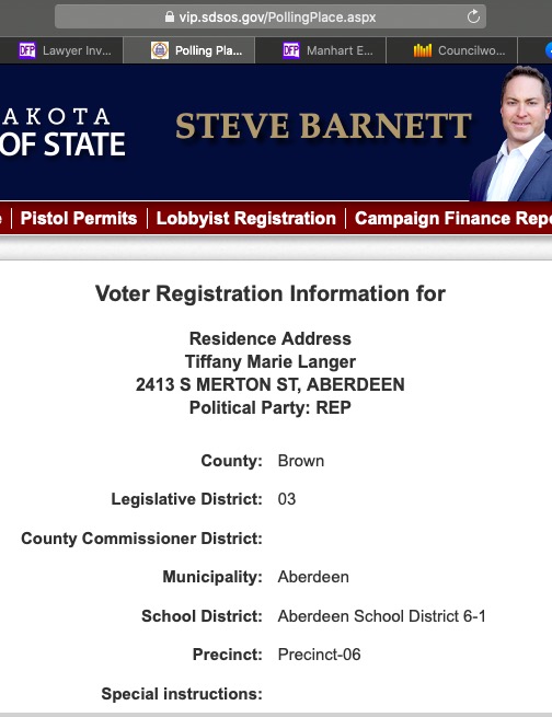 SD Voter Information Portal, active voting record for Tiffany Marie Langer, Aberdeen, retrieved 2022.06.13.