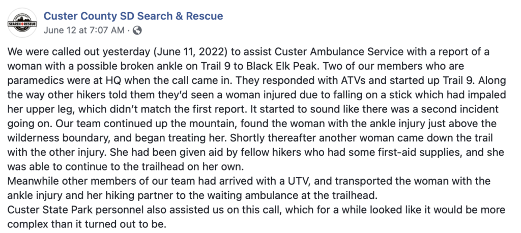 Custer County SD Search & Rescue, FB post, 2022.06.12.