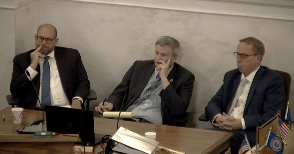 Ross Garber, Jason Ravnsborg, and Michael Butler, in Senate Chamber, shortly after conviction; screen cap from SDPB, 2022.06.21.