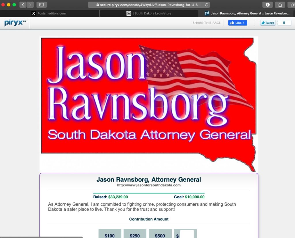 Jason Ravnsborg, Piryx political fundraising website, screen 2022.06.22, 15 hours after conviction, removal from office, and disqualification from public office by the South Dakota Senate.