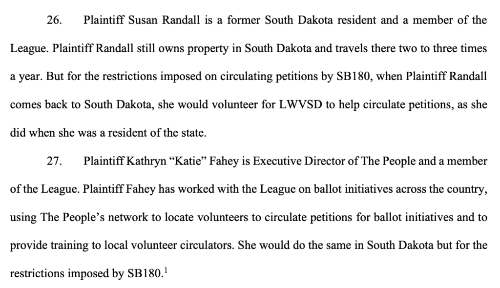 League of Women Voters (SD and US), Susan Randall, and Kathryn Fahey v. Noem, "Doe", and Barnett, complaint, field in U.S. District Court of South Dakota, Southern Division, 2022.06.28, p. 9.