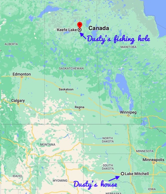 Keefe Lake in northern Saskatchewan, 1,600 km north of Lake Mitchell. From Google Maps, annotated 2022.07.15.
