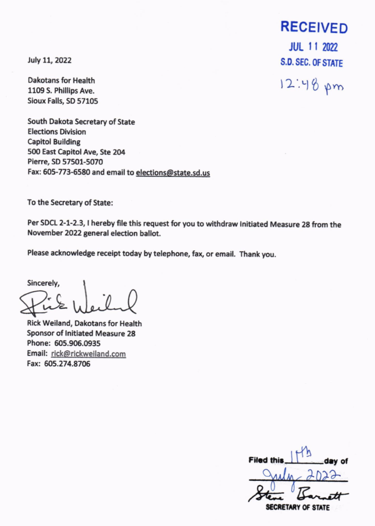 Rick Weiland, Dakotans for Health, withdrawal letter to Sec. State Steve Barnett, 2022.07.11.