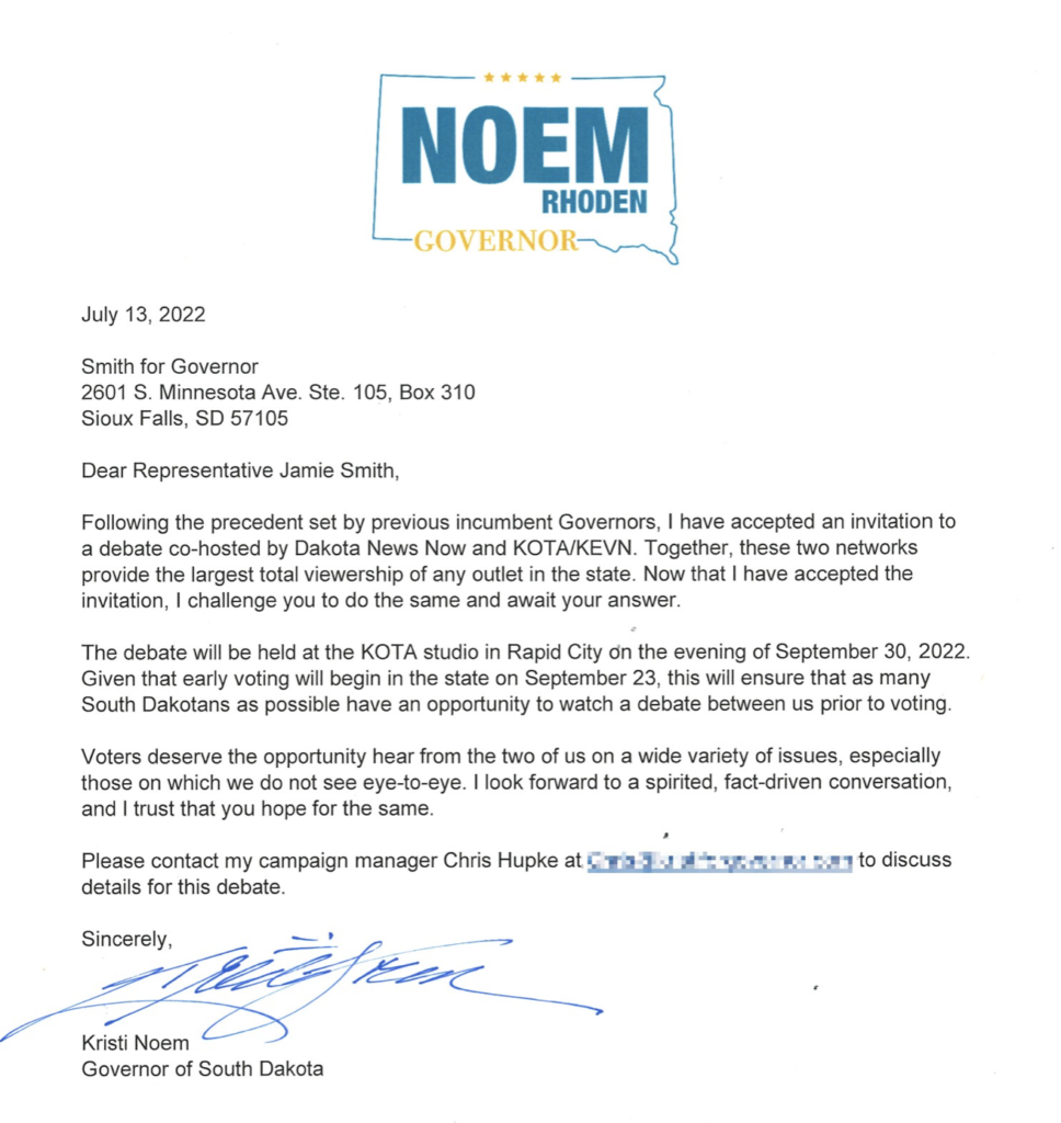 Kristi Noem, campaign press release framed as letter to Jamie Smith, 2022.07.13.