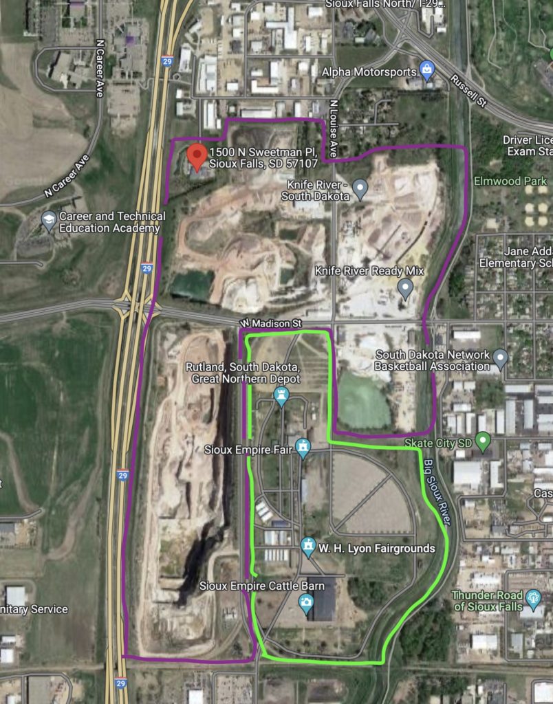 Knife River quarries (purple) and WH Lyon Fairgrounds (green), annotated from Google Maps, 2022.07.08.