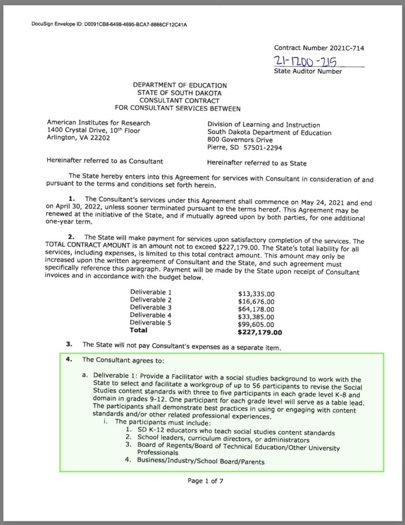 SD Department of Education, contract with American Institutes for Research, #2021C-714, 2021.05.26, p.1.