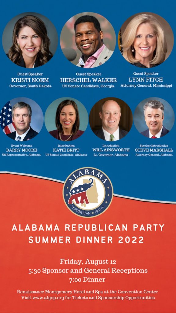 Montgomery County Republican Party, flyer for Alabama GOP Summer Dinner 2022, retrieved 2022.08.13.