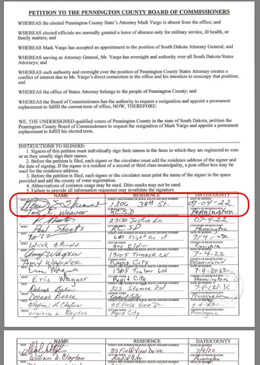 Toni E. Weaver's signature on remove-Vargo petition, 2022.07.17.