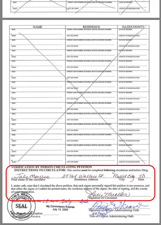 Sen. Julie Frye-Mueller's signature as circulator on same sheet of remove-Vargo petition, notarized for submission to Pennington County Commission 2022.07.19.
