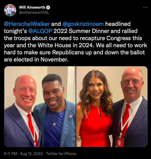 Alabama Lt. Gov. Will Ainsworth, tweet from ALGOP dinner, 2022.08.12.