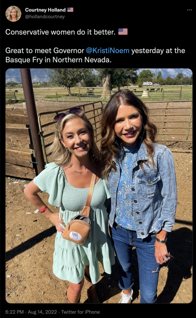 Courtney Holland, communications director for Laxalt for Senate, Twitter pic with Kristi Noem in Nevada, snapped 2022.08.13, posted 2022.08.14.