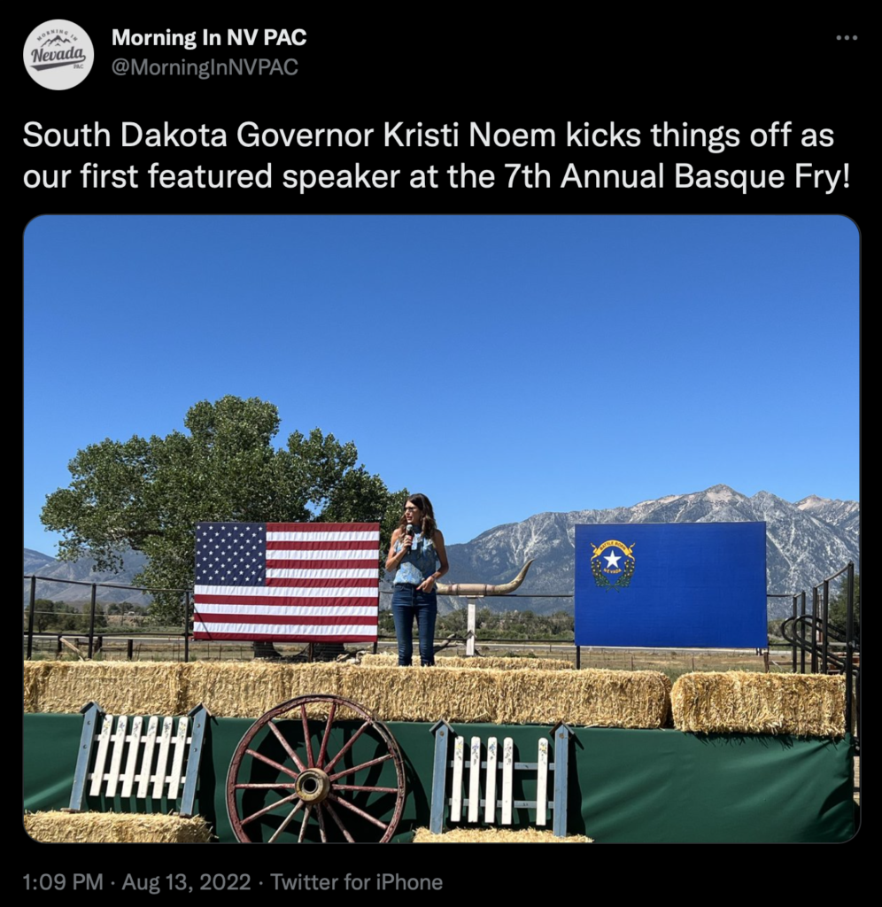Laxalt-affiliated Morning in NV PAC, Twitter pic of Kristi Noem speaking at Laxalt's Basque Fry in Nevada, 2022.08.13.