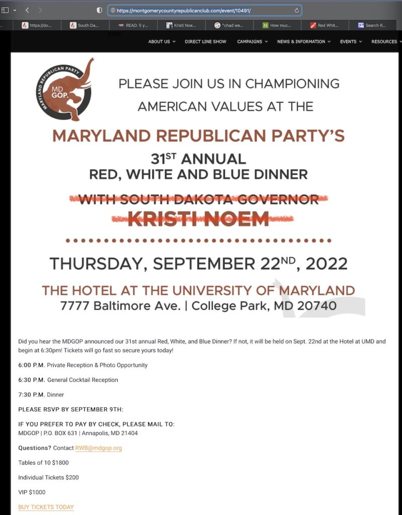 No can do, Kristi: Maryland GOP Red White and Blue Dinner, flyre retrieved from Montgomery County Republican Party 2022.09.14.