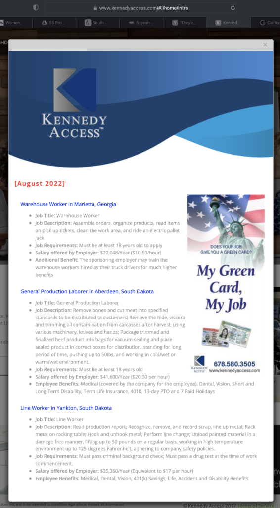 Kennedy Access splash screen highlighting job postings in Georgia and South Dakota, screenshot 2022.09.09.