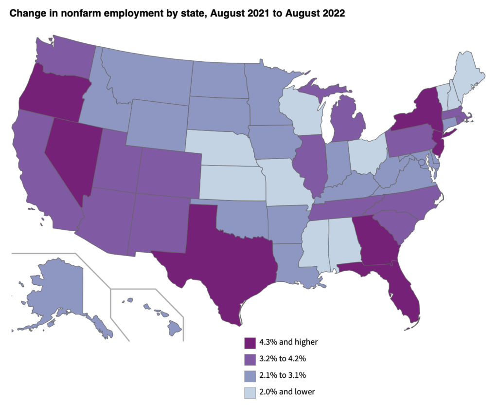 US Bureau of Labor Statistics, "Nonfarm Employment Up in 46 States and DC from August 2021 to August 2022," 2022.09.23.