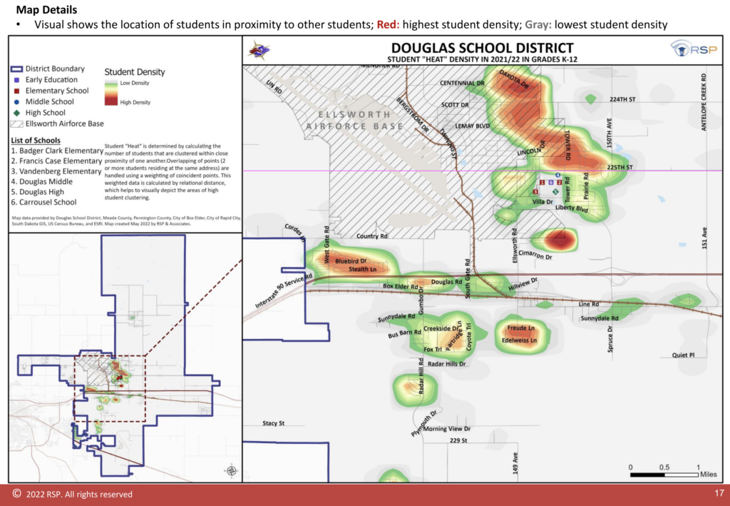 Douglas School District, map showing population density of student home addresses. Purple line along 225th Street shows Pennington/Meade county line. Annotated from RSP, p. 17.