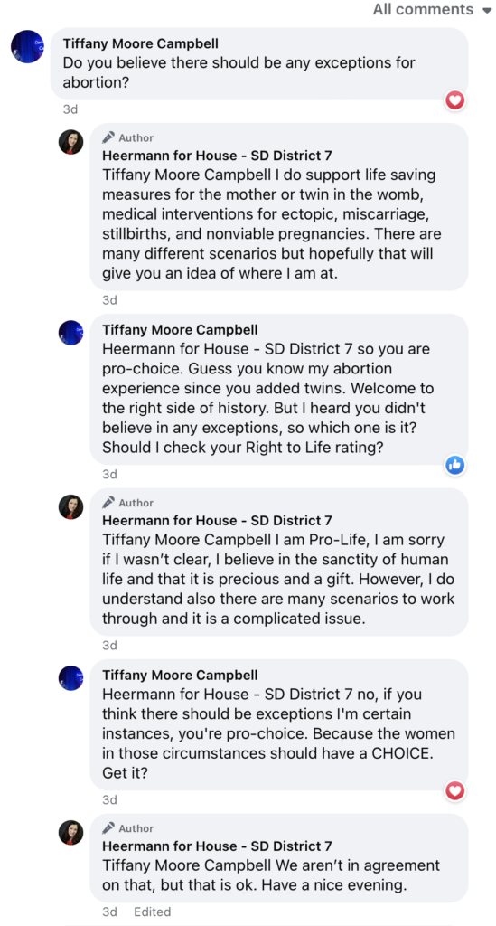 Mellissa Heermann, District 7 House campaign FB page, comment section exchange with Tiffany Campbell, 2022.09.29.