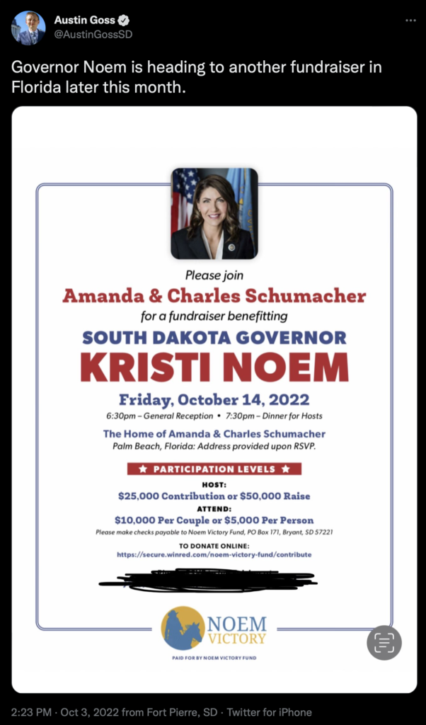 Amanda and Charles Schumacher, poster for Noem Victory Fund fundraiser on October 14, 2022, in Palm Beach, Florida; posted to Twitter by Austin Goss, 2022.10.03.