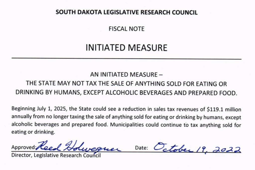 Reed Holwegner, director, Legislative Research Council, fiscal note for proposed initiated measure to exempt food from state sales tax, submitted to Secretary of State Steve Barnett 2022.10.19.