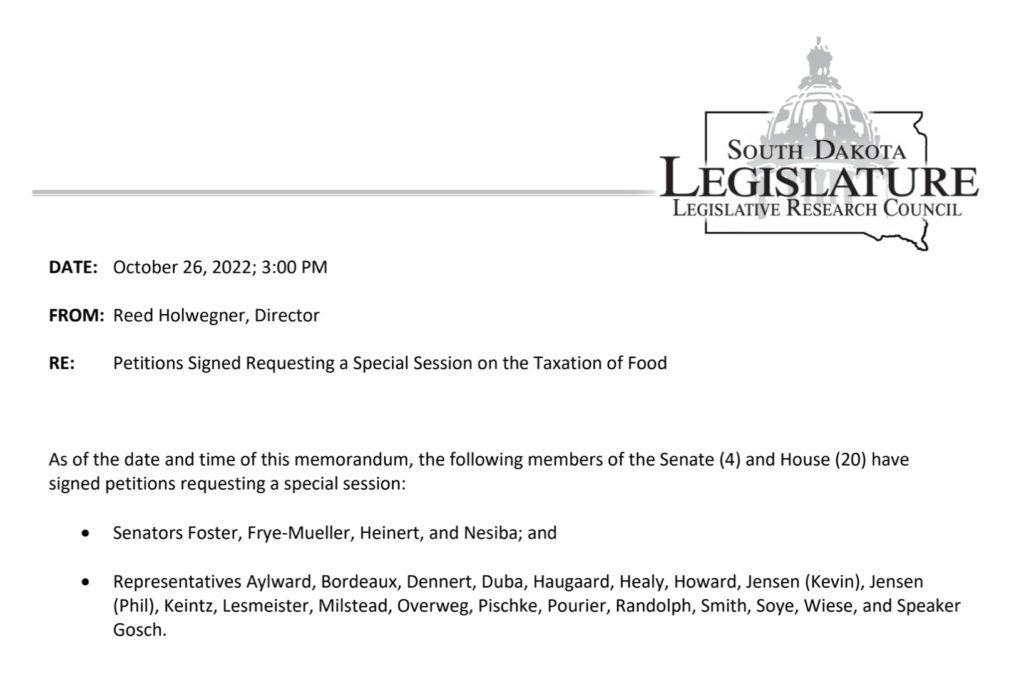 LRC memo, posted in Bob Mercer, "No Special Session on Repealing SD Grocery Tax," KELO-TV, updated 2022.10.27.