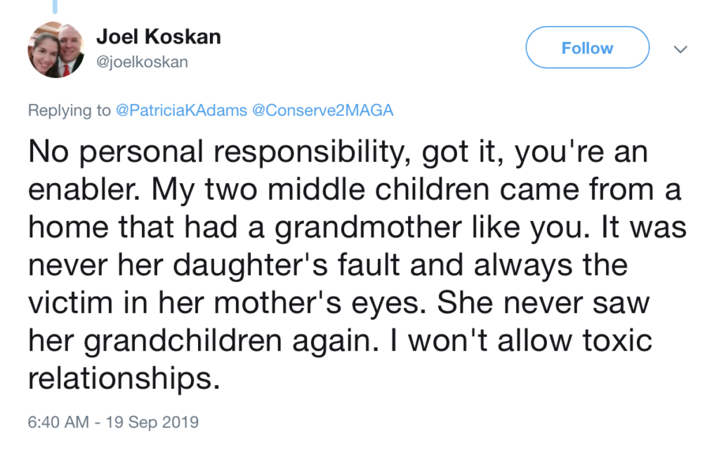 Joel Koskan "won't allow toxic relationships"—tweet, 2019.09.19.