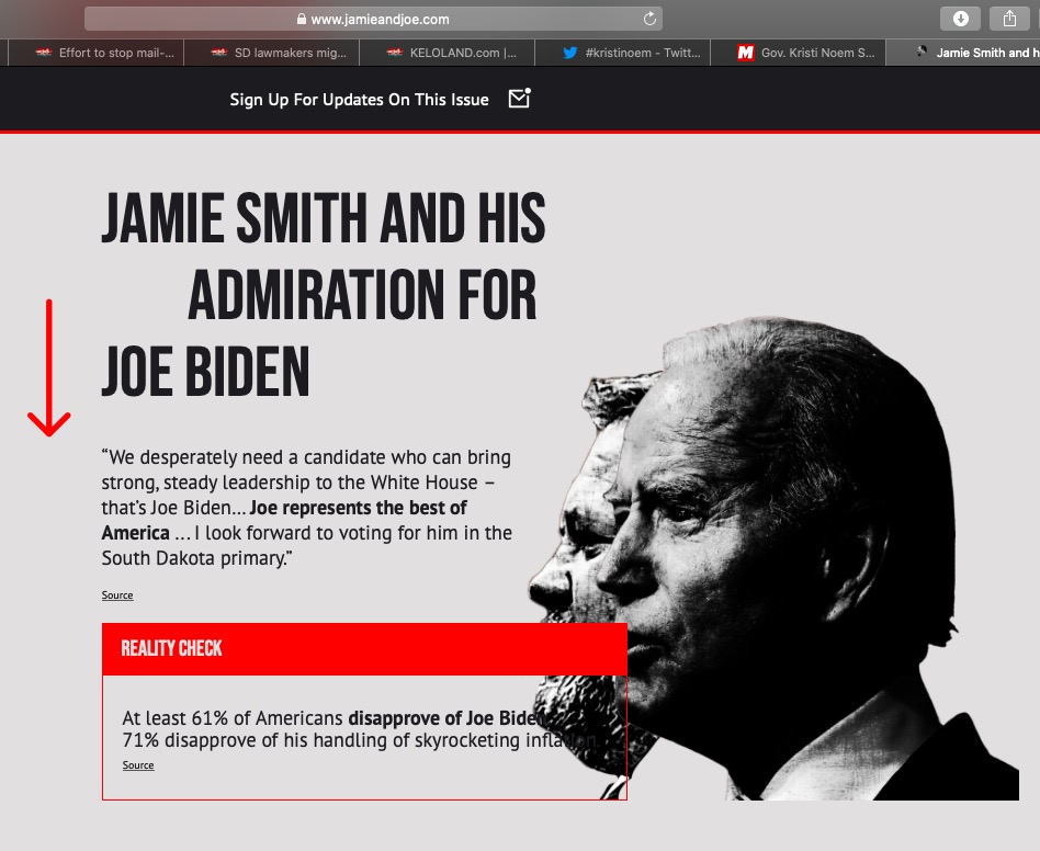 Kristi Noem campaign website "JamieandJoe.com", screen cap 2022.11.19.