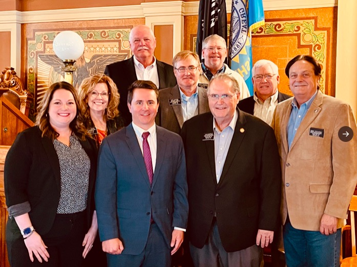 Photo of newly elected House Republican leaders for 2023 Session. Front: Assistant Majority Leader Taylor (14/Sioux Falls), Majority Leader Will Moretensen (24/Ft. Pierre), Speaker Hugh Bartels (5/Watertown), Speaker Pro Tempore Mike Stevens (18/Yankton); middle: Whip Becky Drury (32/Rapid City), Whip Kirk Chaffee (29/Whitewood), Whip Rocky Blare (21-Winner); back: Whip Gary Cammack (29/union Center), Whip JD Wangsness (23/Miller). Photo from Taylor Rehfeldt, Twitter, 2022.11.19.