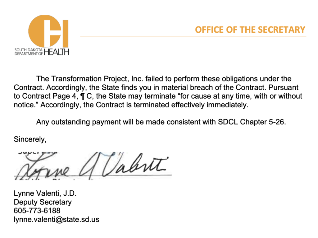 Deputy Secretary Lynne Valenti, SDDOH, letter to Susan Williams Bill, Transformation Project, 2022.12.16, p. 2.