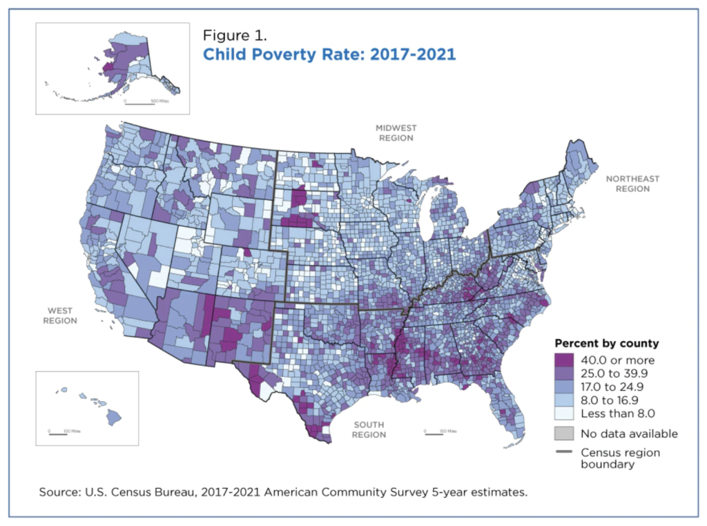 Craig Benson, "New 2017–2021 American Community Survey Data Show Child Poverty Declined but Remained Higher Than Overall Rate," U.S. Census Bureau, 2022.12.08.