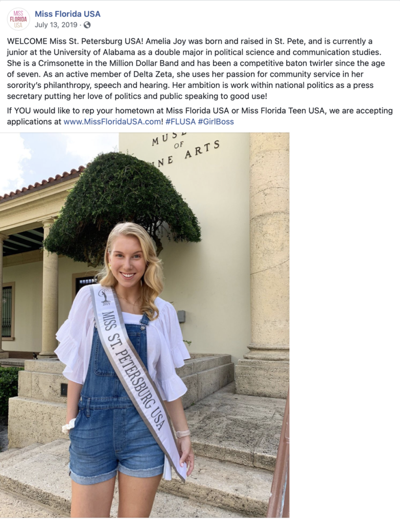 Miss Florida USA, FB post, 2019.07.13.