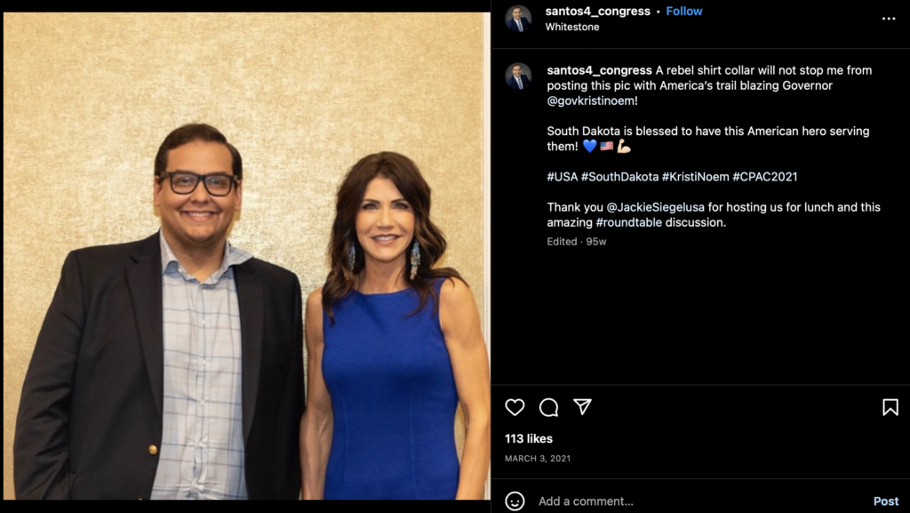 George Santos, photo with Gov. Kristi Noem, posted to Instagram, 2021.03.03.