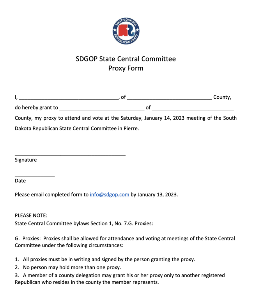 South Dakota Republican Party, proxy voting form for January 14, 2023, State Central Committee meeting, retrieved 2023.01.03.