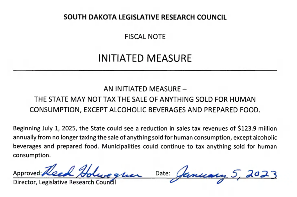 Reed Holwegner, Director, revised fiscal note for proposed initiative to repeal South Dakota's sales tax on food, Legislative Research Council, 2023.01.05.