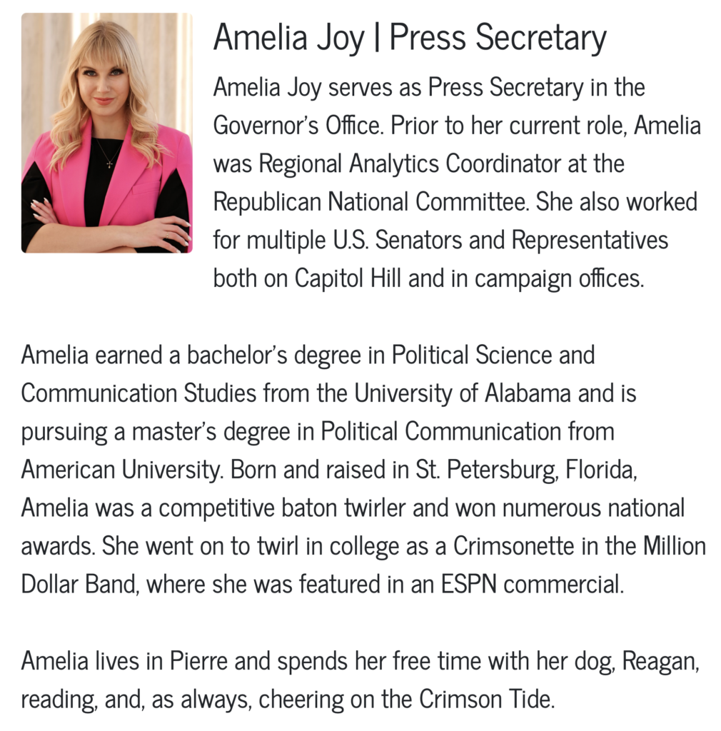 Office of the Governor, bio of new press secretary Amelia Joy, retrieved 2023.01.12.