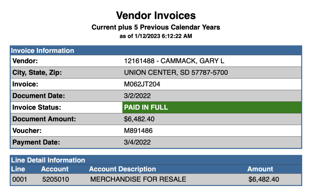 Open.SD.Gov, Vendor Invoice M062JT204, showing payment in full from State of South Dakota to Gary Cammack, 2022.03.04, retrieved 2023.01.13.
