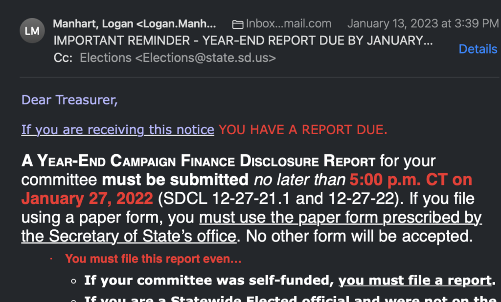 Logan Manhart, ELections Coordinator, South Dakota Secretary of State, email, 2023.01.13.