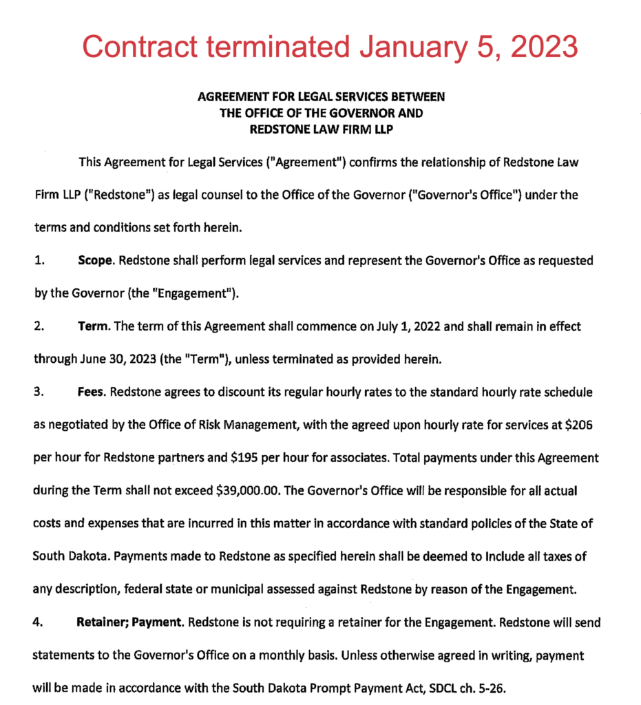 Office of the Governor, State of South Dakota, contract for legal services with Redstone Law Firm, excerpt, page 1, signed by Matt McCaulley 2022.08.24; signed by Katie Hruska, General Counsel, 2022.10.04; terminated 2023.01.05.