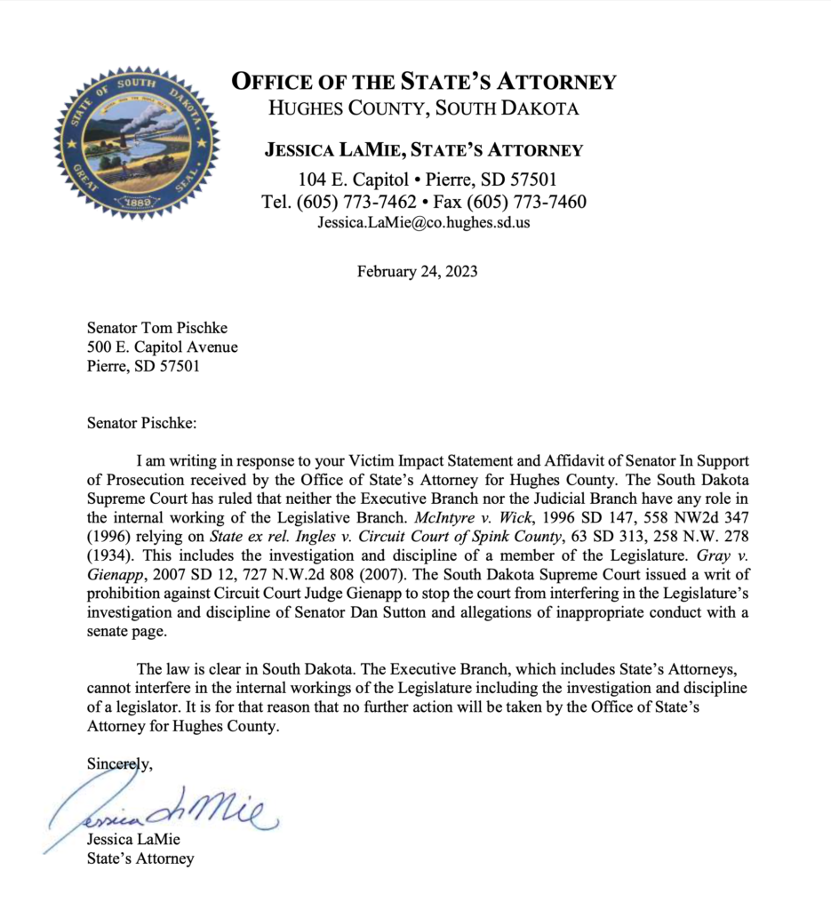 Hughes County state's attorney Jessica LaMie, letter to Senator Tom Pischke, 2023.02.24.