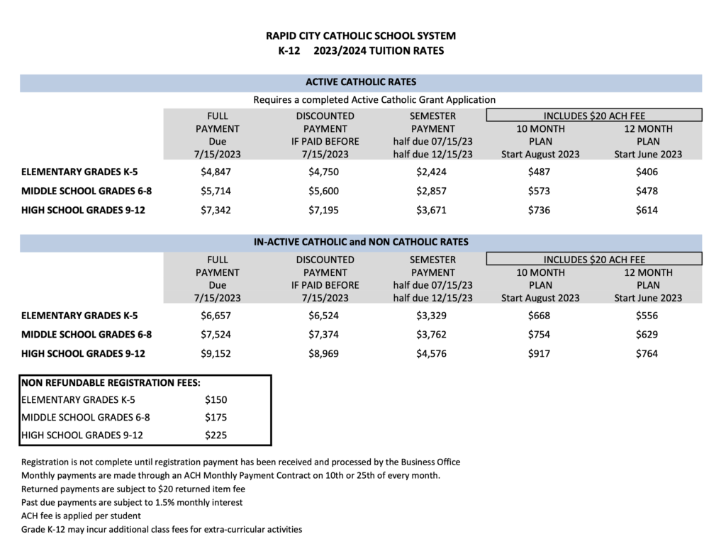 Rapid City Catholic Schools tuition and fees, AY 2023–2024, retrieved 2023.02.03.