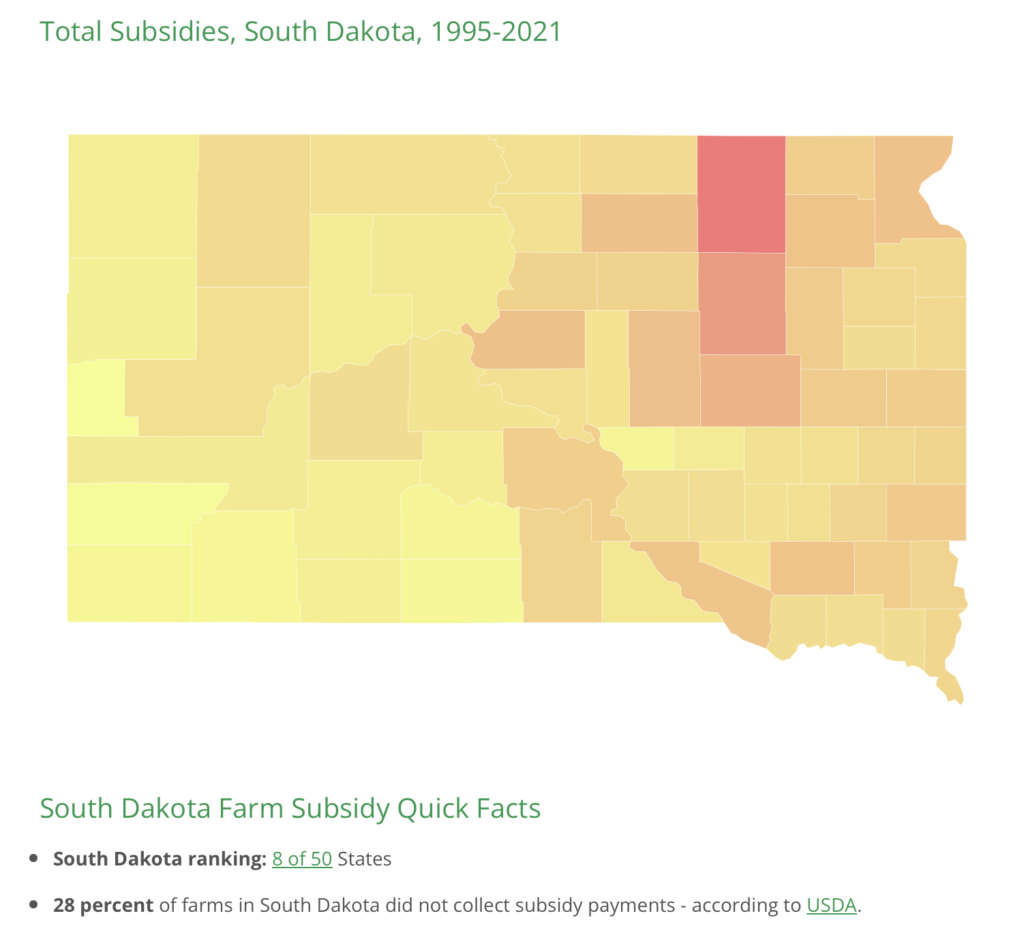 Environmental Working Group, South Dakota farm subsidies by county, map retrieved 2023.02.03.