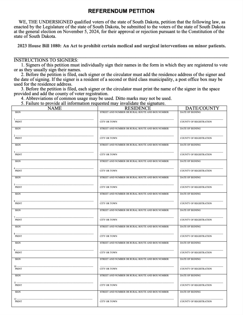 Sample referendum petition for 2023 HB 1080, front page.