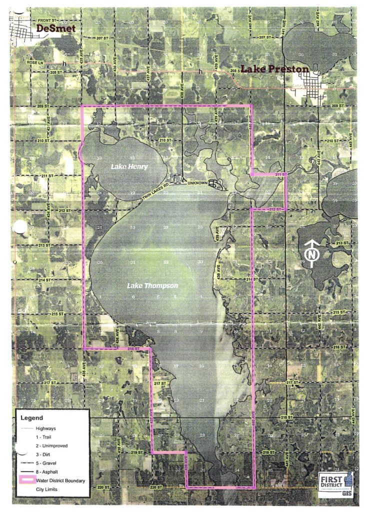 LTAWPD Petition Committee, proposed map for Lake Thompson Area Water Project District, submitted to SD Board of Water and Natural Resources March 2023. Annotated by CAH/DFP.