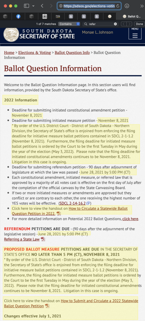 South Dakota Secretary of State, Ballot Question Information webpage, out-of-date information highlighted by CAH/DFP, retrieved and annotated 2023.03.30.