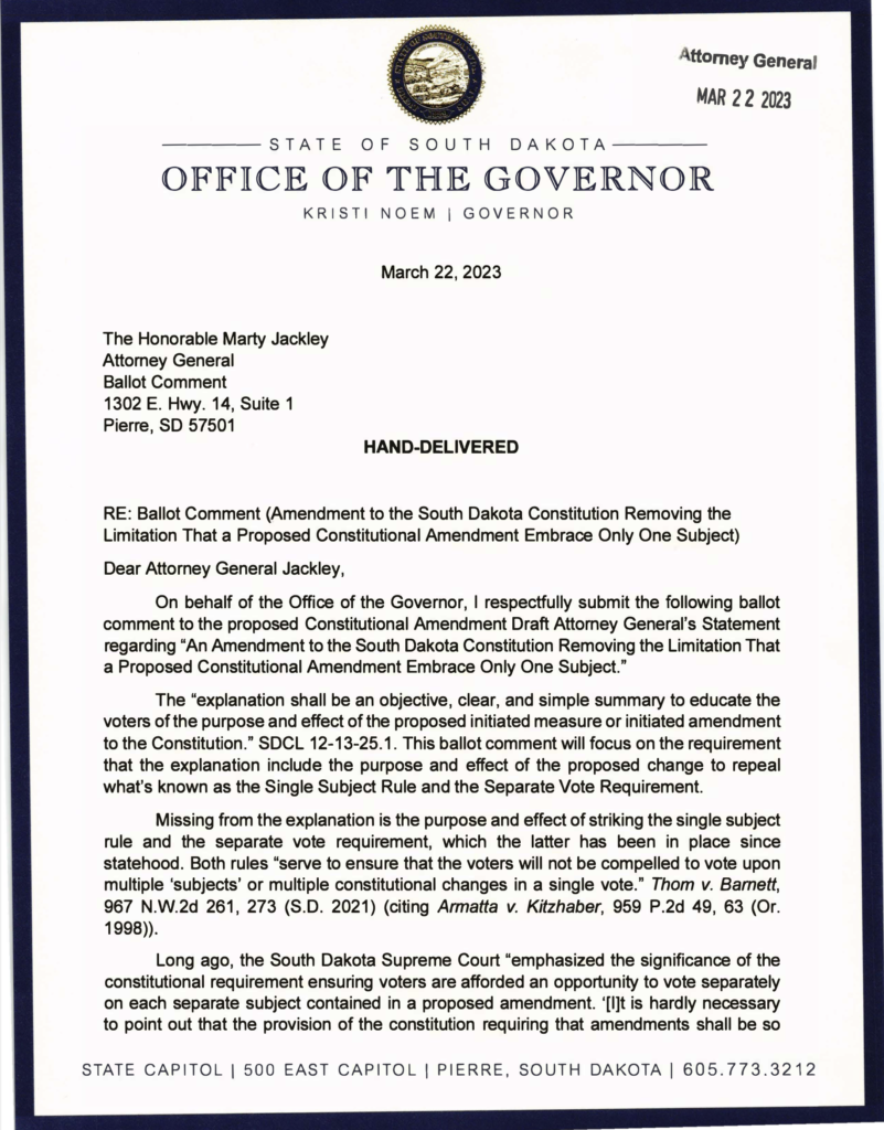 General Counsel Katie Hruska, letter on behalf of the Governor's Office to Attorney General Marty Jackley, 2023.03.22.
