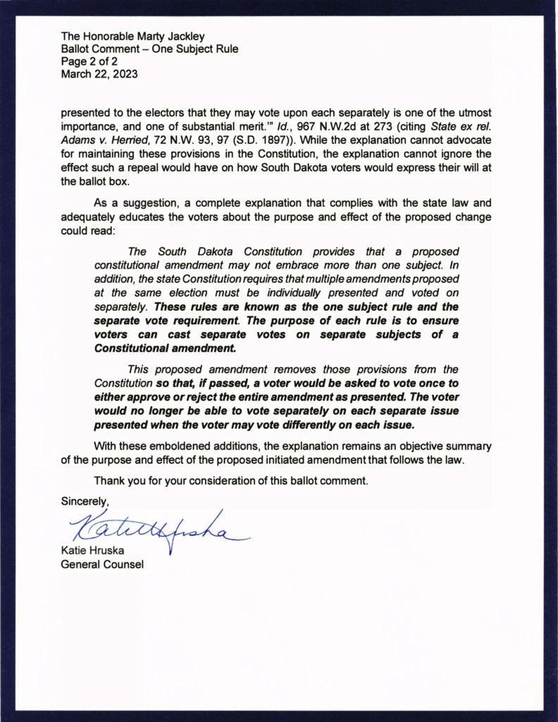 General Counsel Katie Hruska, letter on behalf of the Governor's Office to Attorney General Marty Jackley, 2023.03.22, p. 2. 