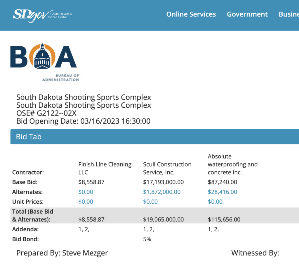 SD Bureau of Administration, screen cap of SD Shooting Sports Complex Bid, 2023.04.06.
